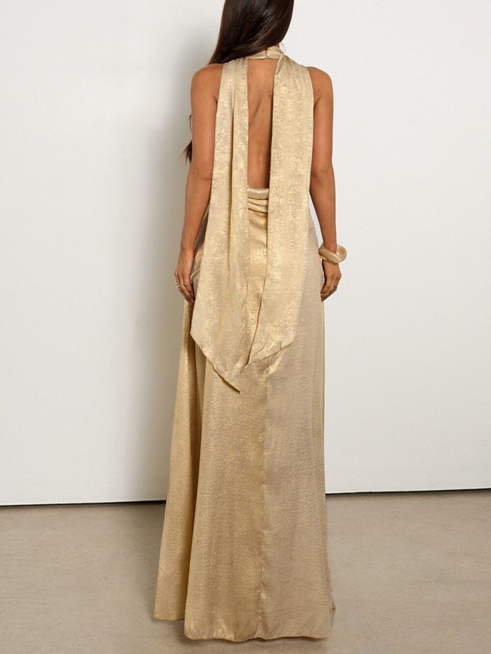 Gold Elegant Women's Cowl Neck Backless Long Dress - Picture 2 of 6